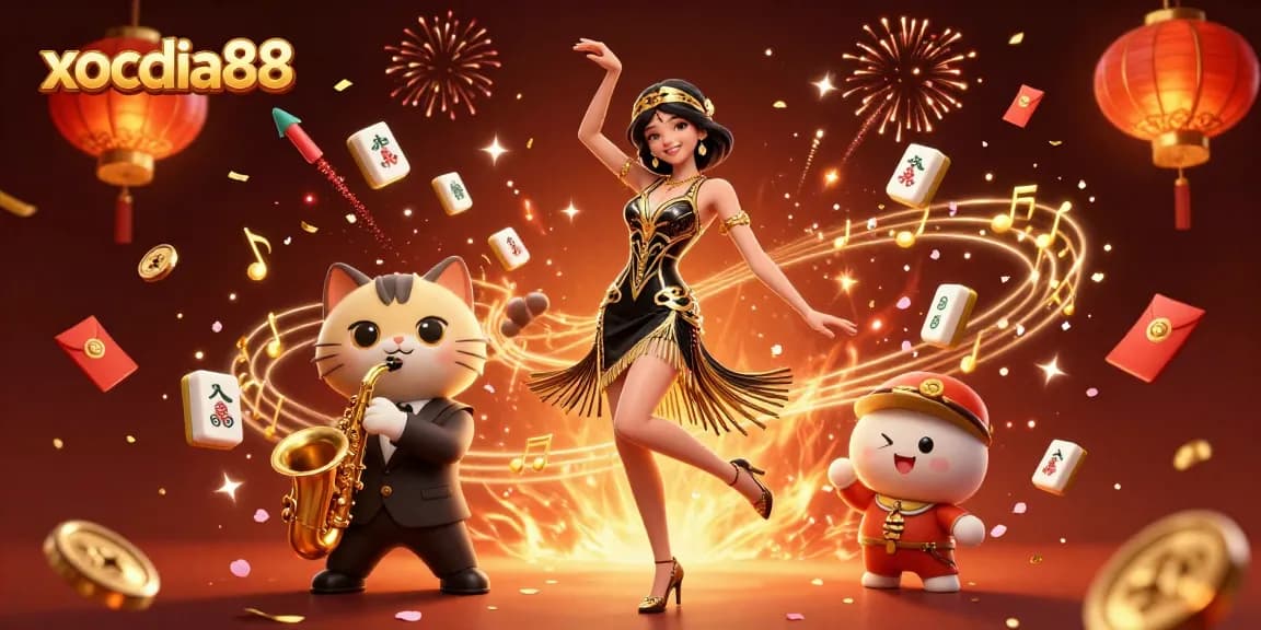 Experience thrilling xocdia88 gameplay amid a vibrant celebration of casino culture with dynamic 3D characters.