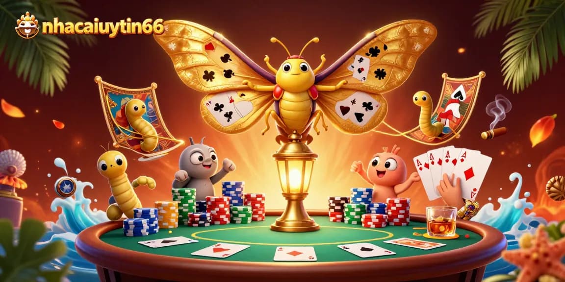 Join the action at nhacaiuytin66 with a vibrant poker scene featuring golden moths and dynamic casino elements.