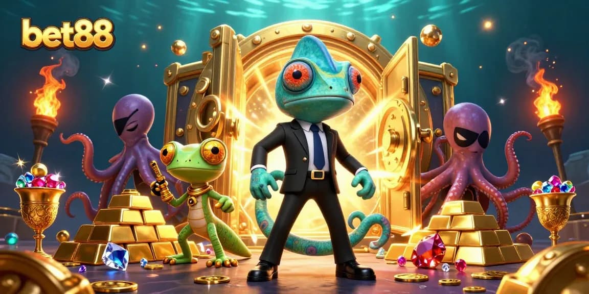 Catch the excitement at bet88 with a colorful 3D casino scene featuring a secret agent chameleon and treasures.