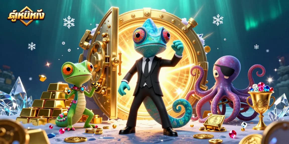Experience thrilling ดูหนังออนไลน์ excitement with our dynamic illustration showcasing a chameleon, gecko, and octopus surrounded by casino treasures.