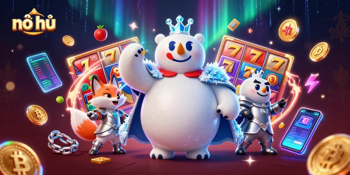 Engage in the thrilling nổ hũ experience with vibrant slot reels, coins, and dynamic characters.