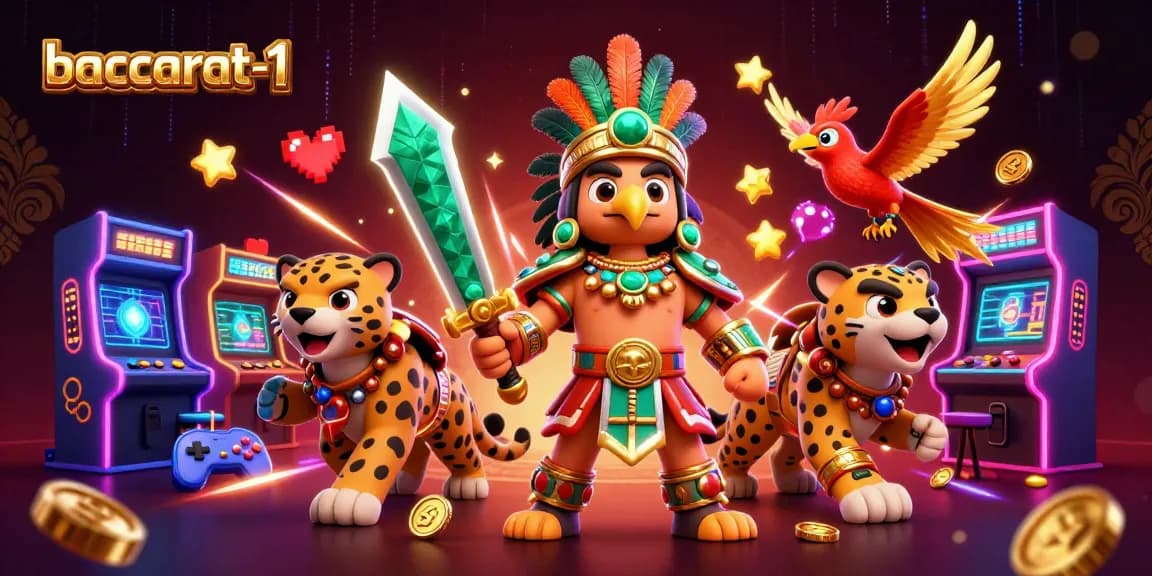 Engage with baccarat-1's thrilling online casino experience featuring vibrant game elements and warriors in a dynamic 3D scene.