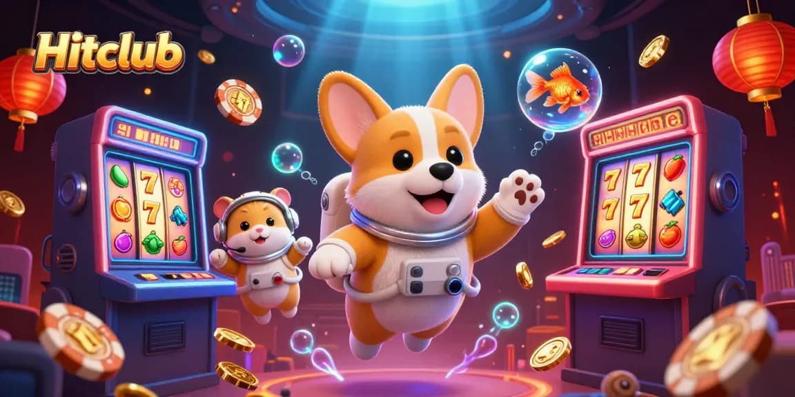 Hitclub casino scene with a floating astronaut corgi, spinner slots, and playful characters.