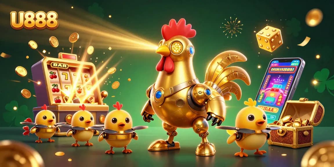 U888 showcases a dynamic jackpot explosion with playful characters in a vibrant online gaming scene.