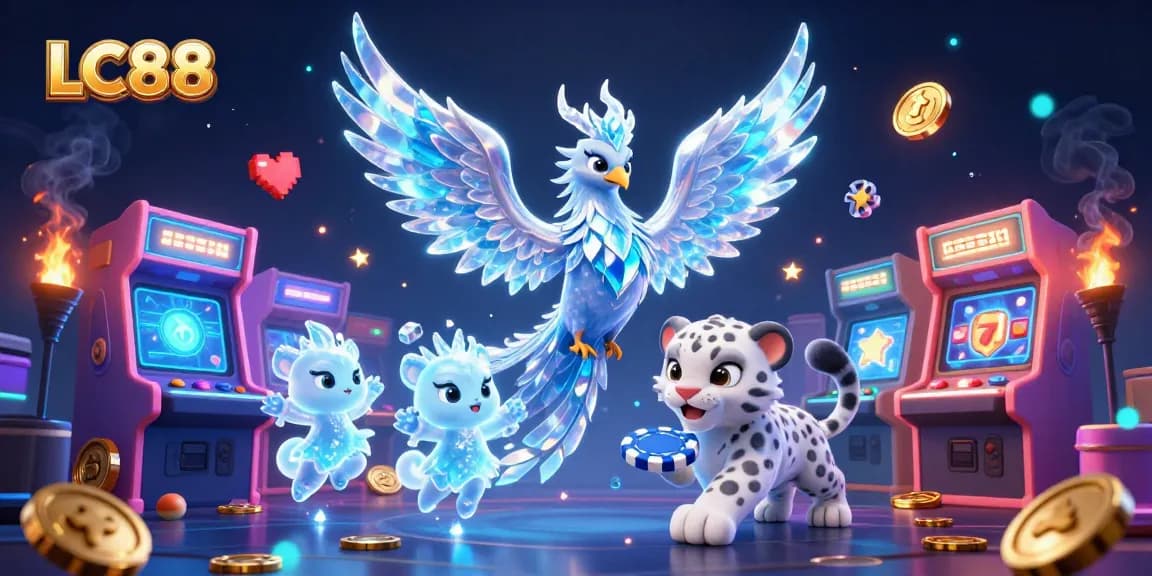 Experience thrilling gameplay at LC88 with a lively 3D casino illustration featuring vibrant game elements.
