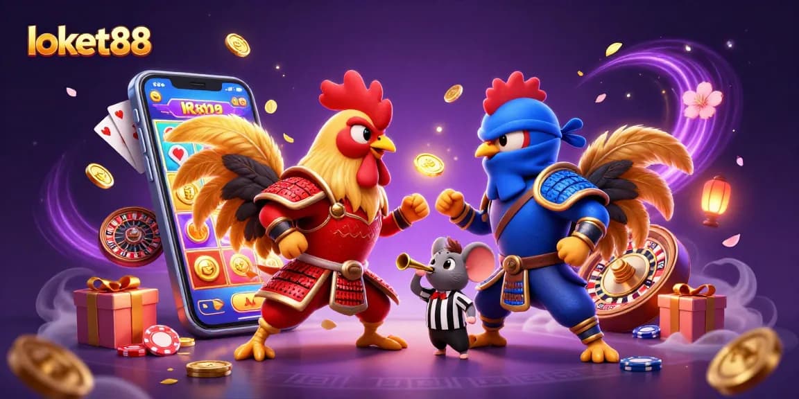 Experience excitement with loket88 as twin fighting roosters battle amid swirling casino elements.