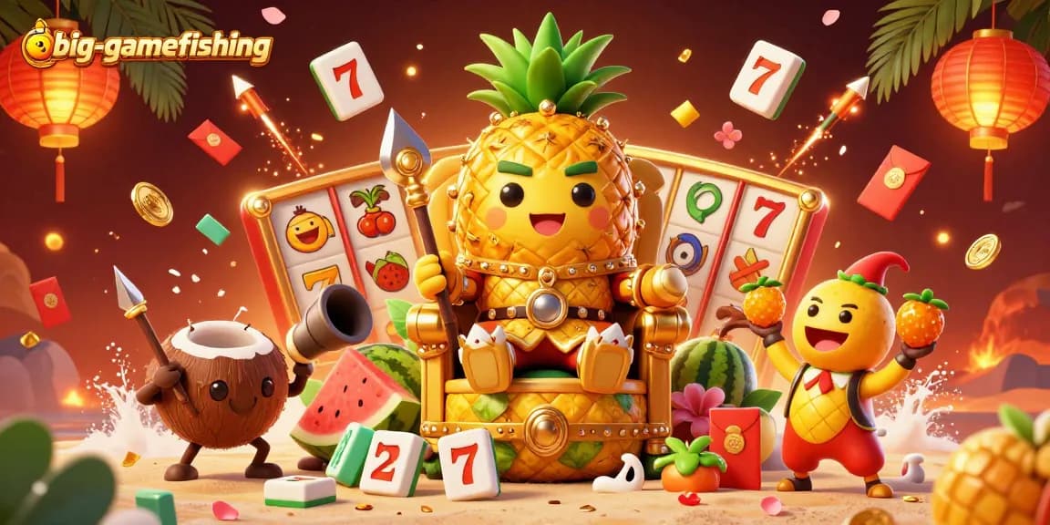Engaging scene of big-gamefishing featuring casino elements like slot reels and fruity symbols.