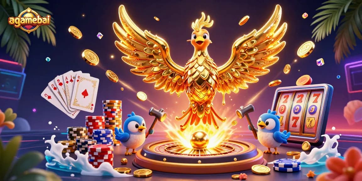 Experience the thrill of gambling with agamebai, showcasing gold coins, vibrant card games, and dynamic gaming elements.