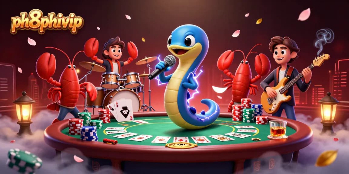 Engage with ph8phivip's dynamic casino scene featuring an electric eel DJ and interactive poker elements.