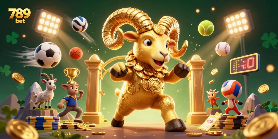 Experience thrilling sports action with 789 bet as a golden ram charges through a vibrant casino scene.