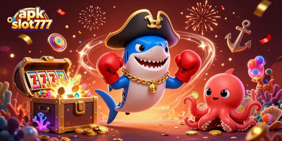 Play fun games on apk slot777, featuring a pirate shark, angry pufferfish, and octopus with treasure.