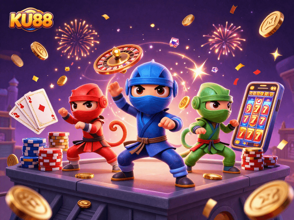 Experience thrilling action with KU88 as vibrant chameleon ninjas vie amid dazzling casino elements.
