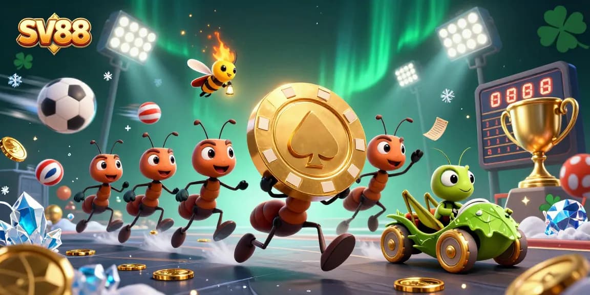 SV88 ants racing with a golden poker chip in a dynamic heist-themed casino scene.