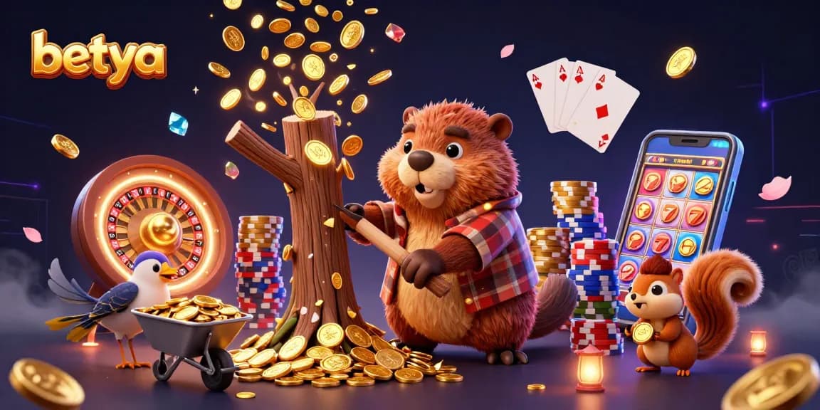 Betya's vibrant casino scene featuring a beaver collecting coins amidst slot reels and poker chips.