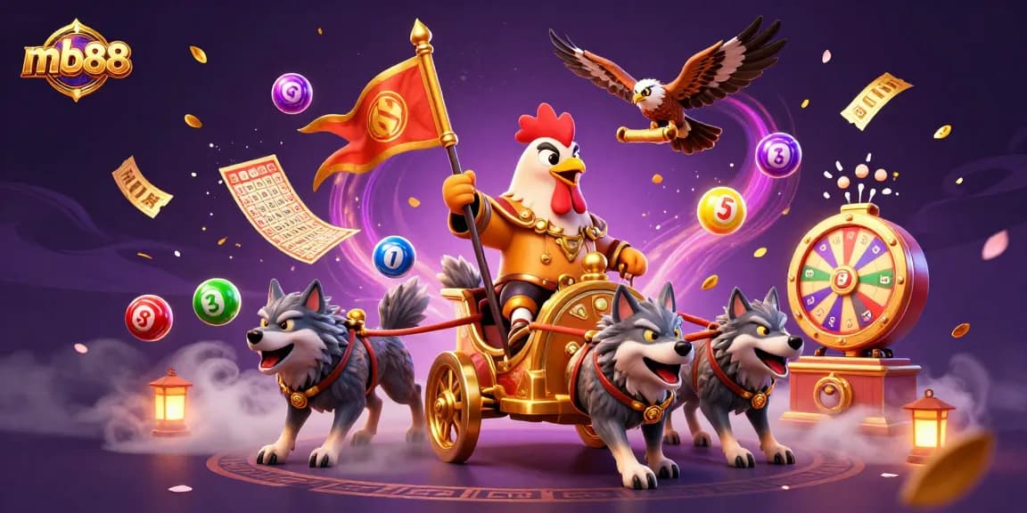 Experience the thrill of mb88 with a vibrant digital casino illustration showcasing dynamic lottery elements and a whimsical warlord.