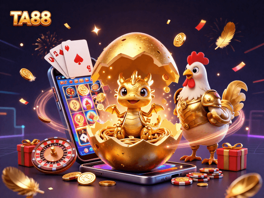 TA88 showcases a vibrant 3D illustration of a golden dragon on poker chips amidst dynamic casino elements.