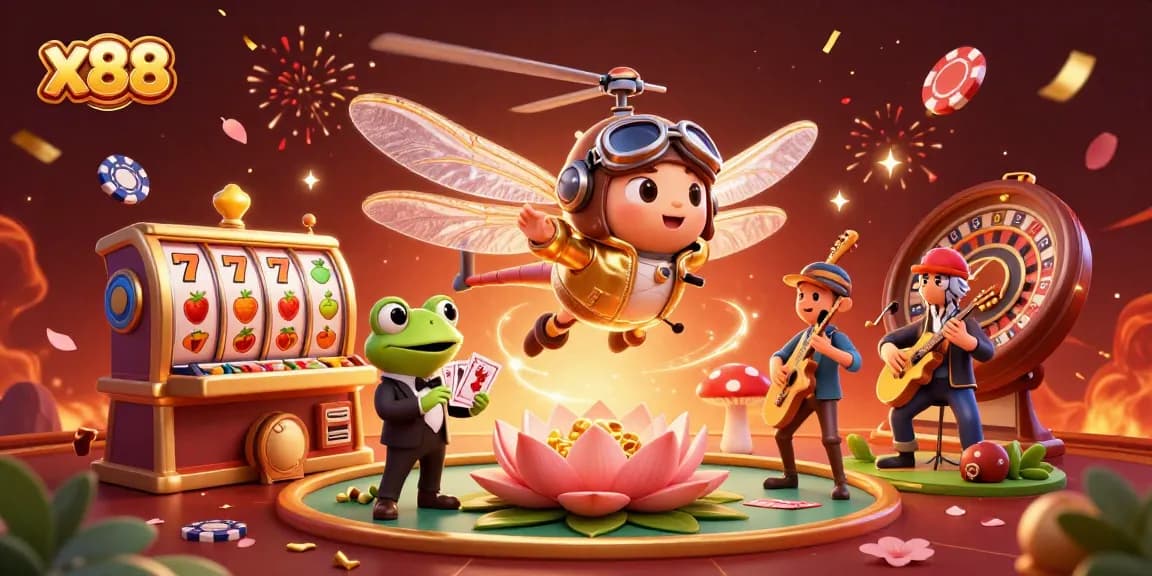 x88 turns luck into success at the lively casino with a frog croupier dealing cards.