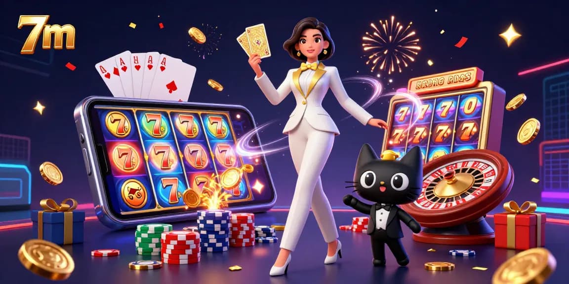 Experience thrilling wins with 7m as a glamorous dealer shuffles lucky cards in an animated casino.