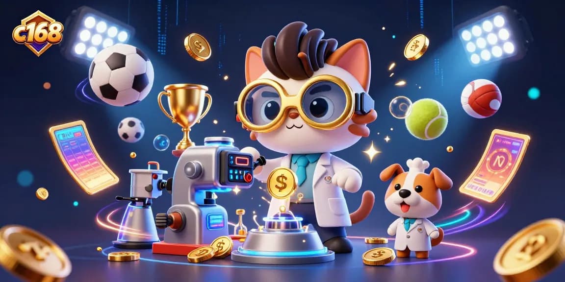 Experience thrilling gaming with c168 and a mad scientist cat in a vibrant casino scene.
