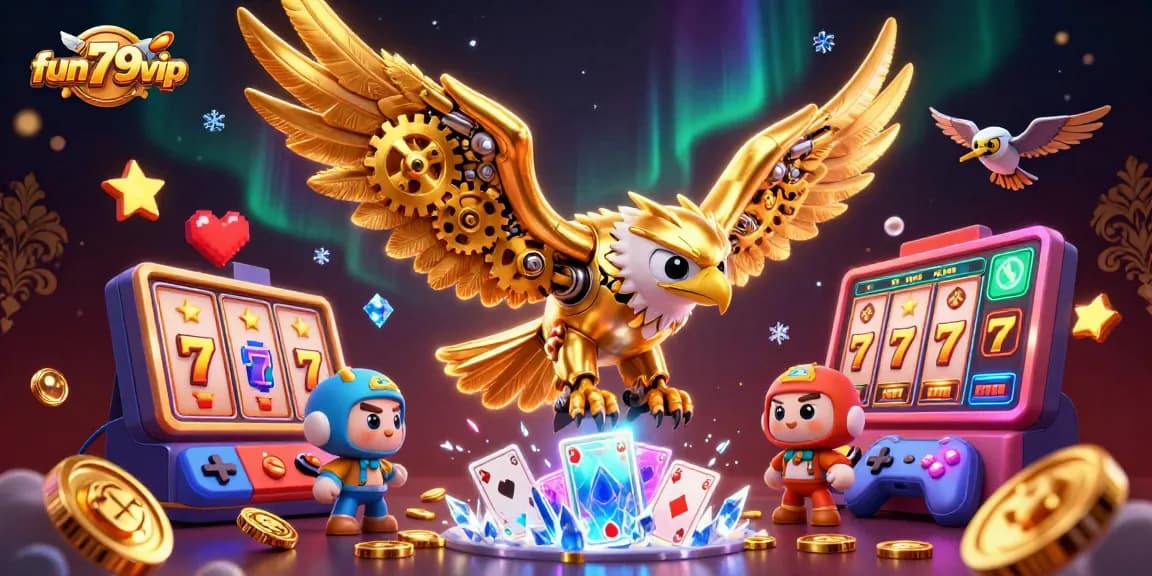 Experience fun79vip action with an epic 3D cybernetic eagle at a vibrant casino.