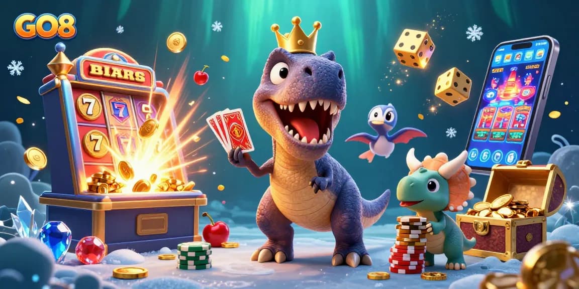 GO8 casino adventure with a T-Rex and friends enjoying a vibrant gambling scene filled with slot machines and chips.