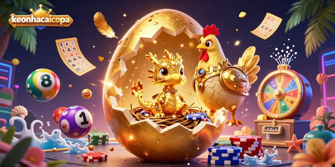 Engage with keonhacaicopa’s vibrant casino illustration showcasing golden dragon and colorful games.