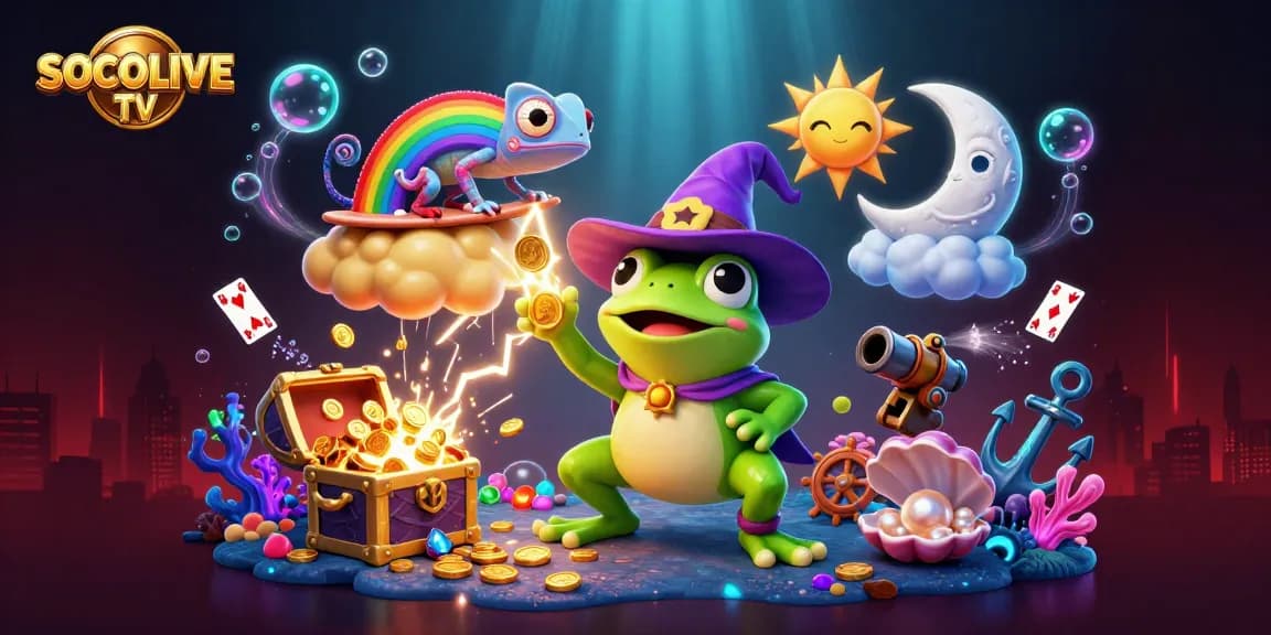 Engage with SOCOLIVE TV's captivating illustration of a wizard frog and chameleon in a dynamic gambling scene.
