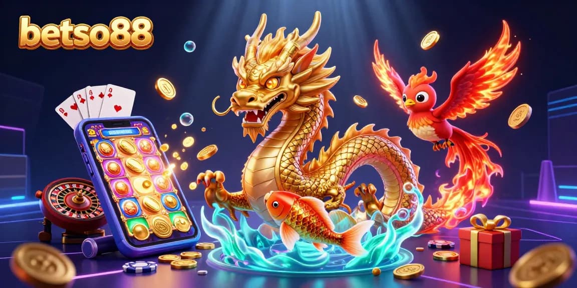Engage in exciting gameplay at betso88 with dynamic scenes featuring dragon and phoenix surrounded by vibrant casino elements.