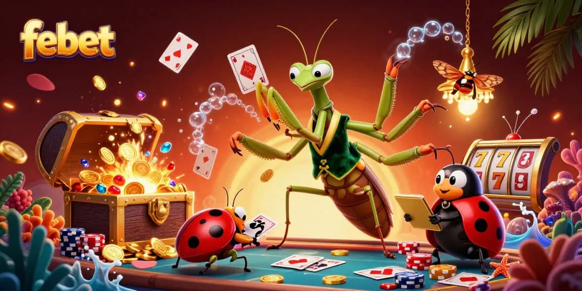 Experience high-stakes gambling at febet with a vibrant casino scene featuring giant mantis card sharp.