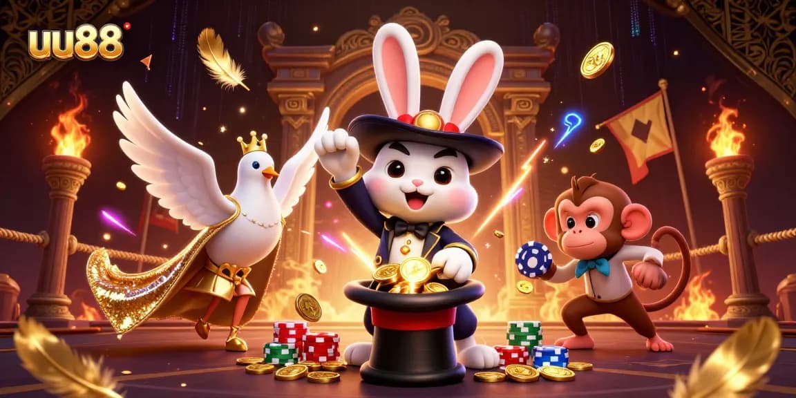 Experience thrilling gameplay at uu88 with a 3D magician rabbit surrounded by gaming gold.