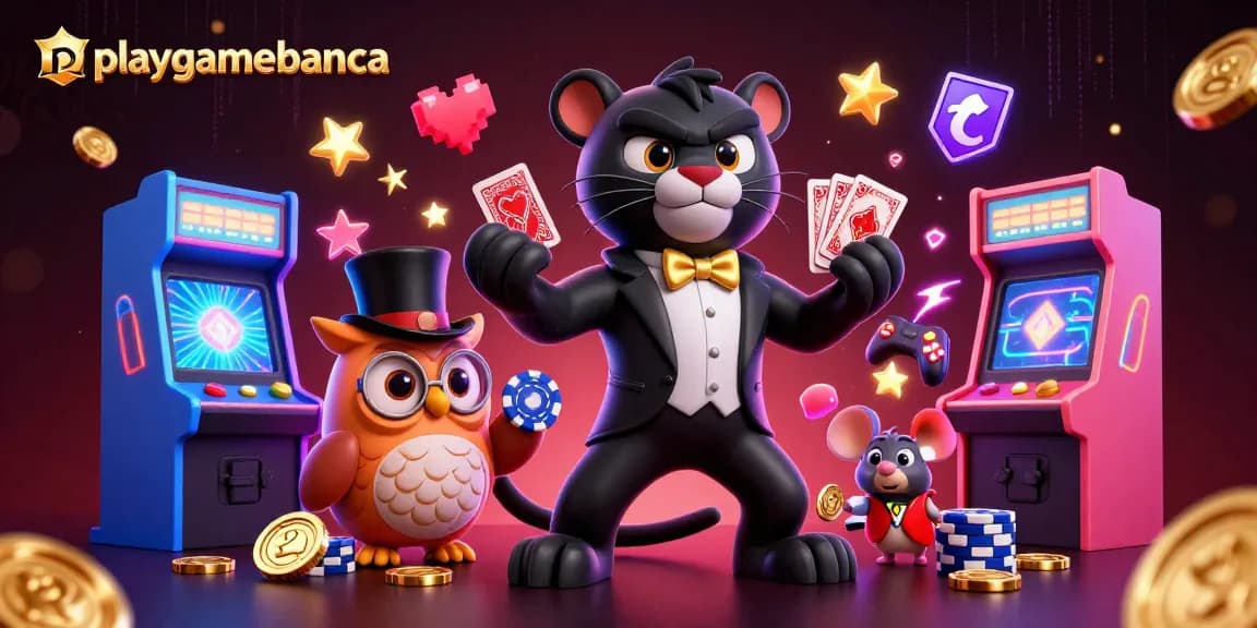 Playgamebanca showcases an elegant panther dealer amidst vibrant casino gaming elements.