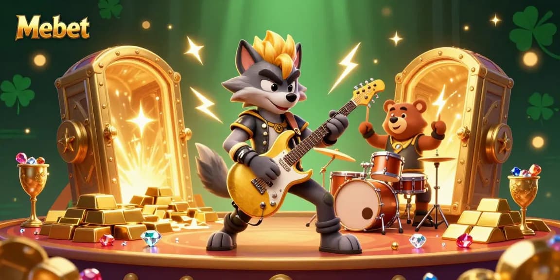 Mebet engages players with an electrifying casino scene featuring a rock star wolf and a drummer bear.