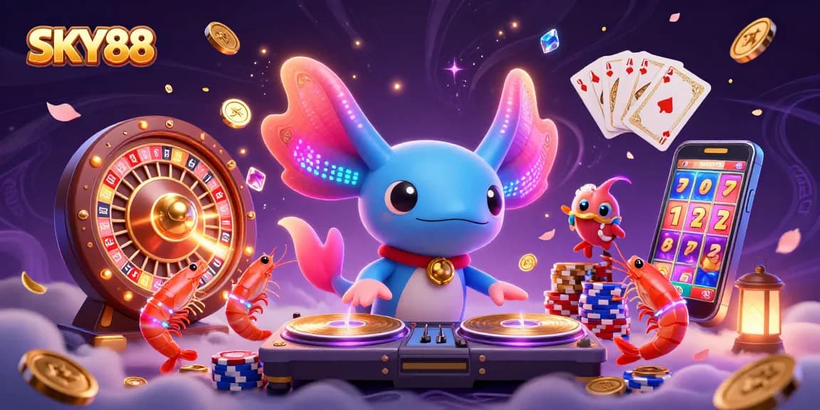 Join the excitement at SKY88 with vibrant gaming elements and dynamic characters in an immersive casino atmosphere.