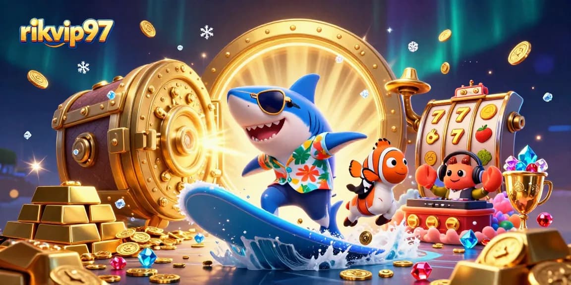 Engage with exciting slots at rikvip97 with a playful underwater casino scene featuring vibrant characters.