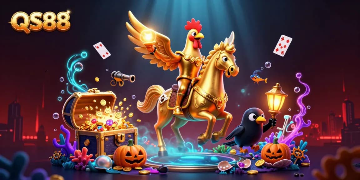 Experience the thrill of QS88 with a vibrant casino scene featuring a unique golden rooster and enchanting elements.