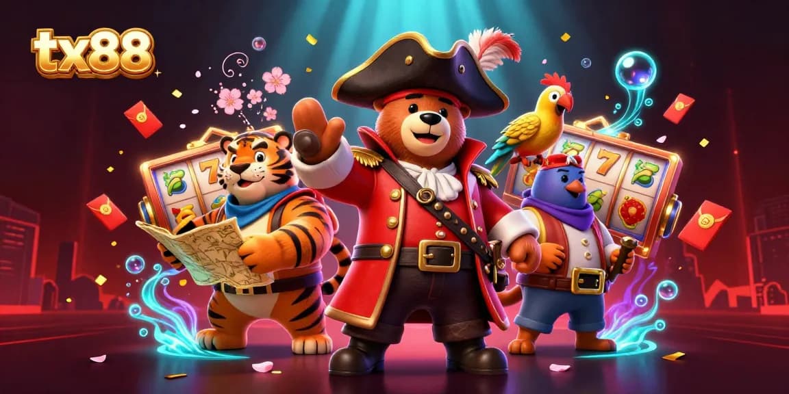 Experience vibrant gaming action with tx88 featuring pirate-themed characters amidst dynamic casino elements.