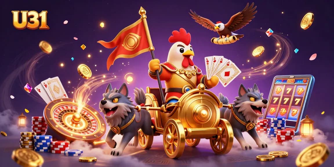 Engage with U31's thrilling games featuring a rooster warlord, golden coins, and vibrant casino elements.