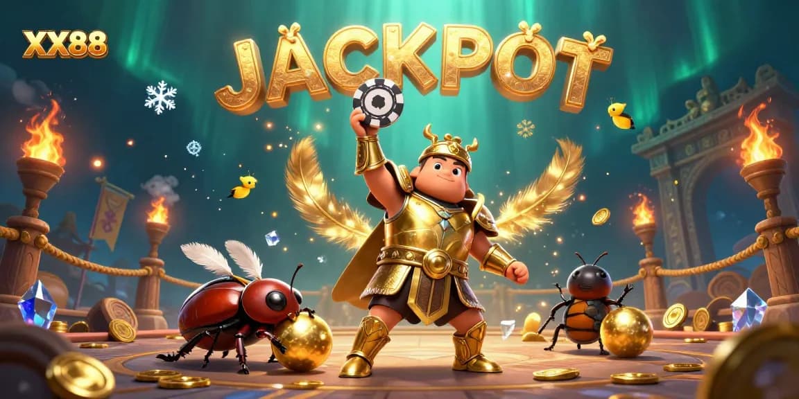 Experience the excitement of winning at XX88 with a dynamic casino scene featuring a victorious beetle and vibrant gaming elements.