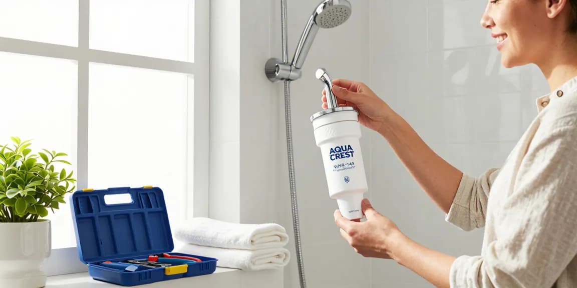 AQUA CREST WHR-140 Shower Filter Replacement Cartridge installed in a bright bathroom, showcasing easy home maintenance and personal care.