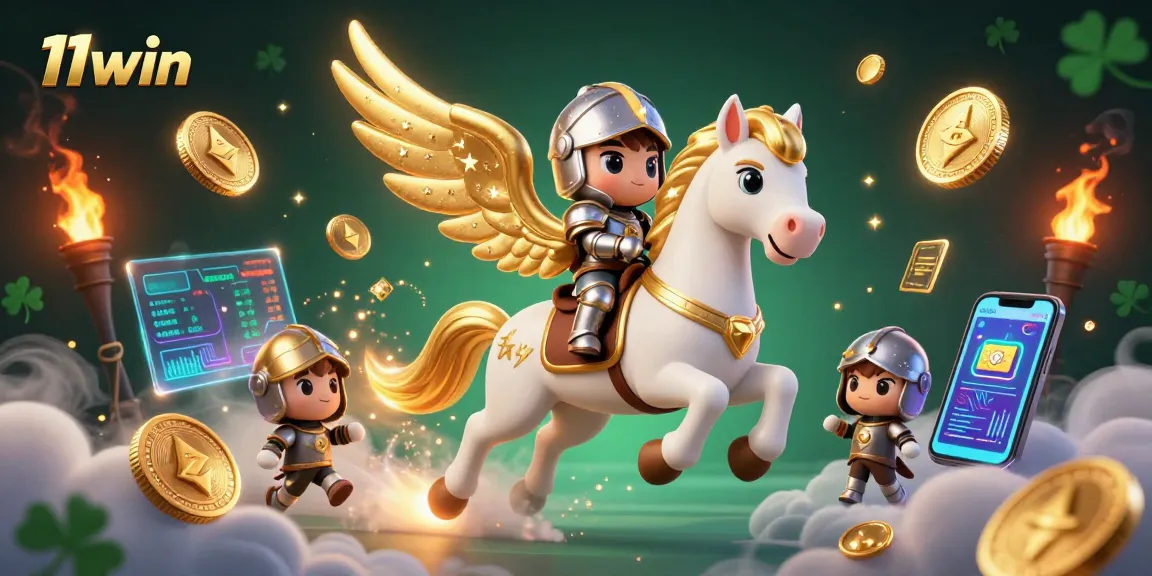 Experience thrilling gameplay with 11win as a celestial knight rides a cosmic horse amidst coins and blockchain elements.