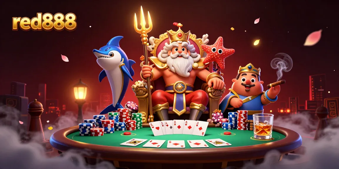 Experience excitement with red888 at a vibrant poker scene featuring Neptune and lively elements.
