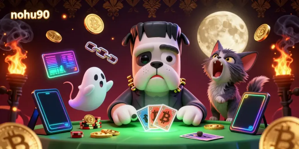 Engage with nohu90's thrilling gameplay featuring a Frankenstein bulldog dealing cards in a vibrant casino scene.