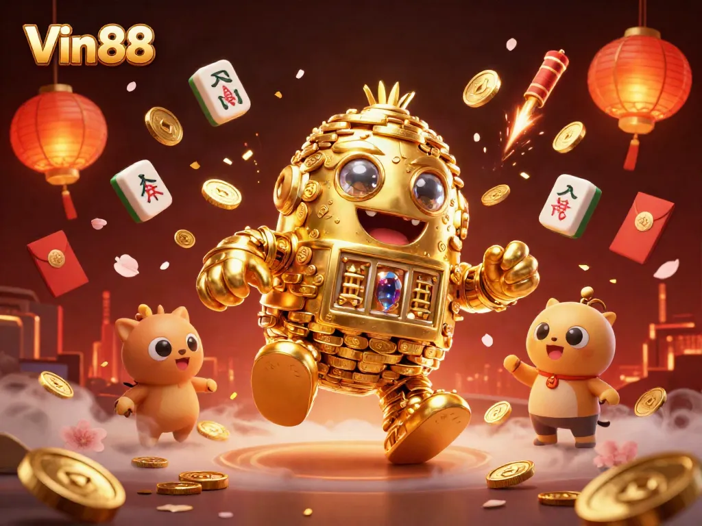 Win big with Vin88's vibrant 3D casino-themed illustration showcasing exciting game elements.