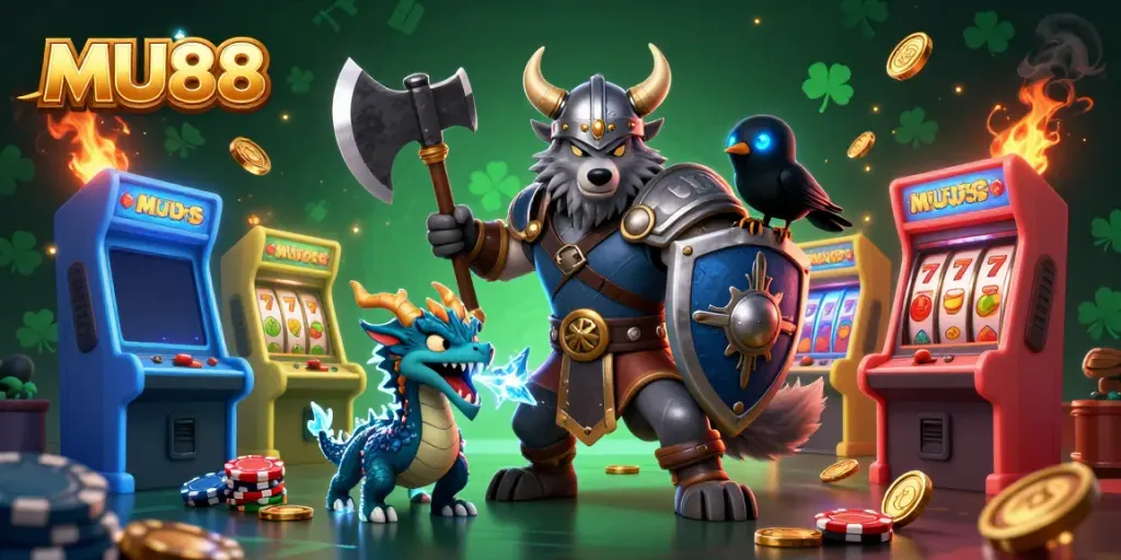 Engage with MU88: a dynamic casino scene featuring a Viking wolf warrior, fierce dragon, and glowing game elements
