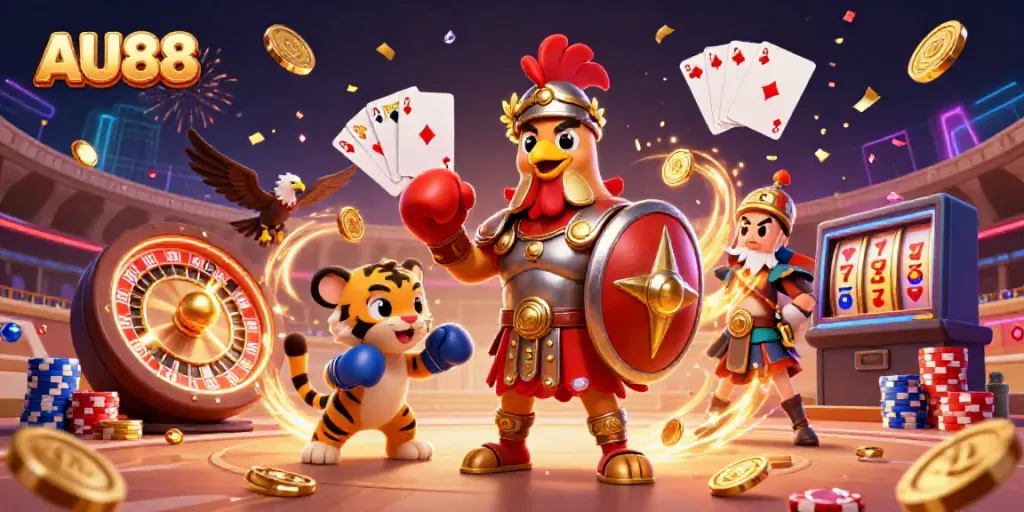 Experience thrilling action at AU88 with a gladiator rooster and vibrant casino elements in a lively scene!