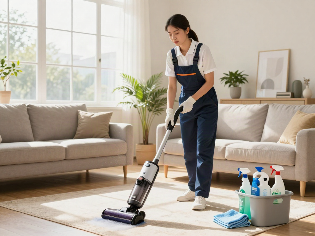 Cleaner using high-tech equipment for effective home cleaning of space while ensuring a spotless environment, showcasing the concept of slot 10k in cleaning.