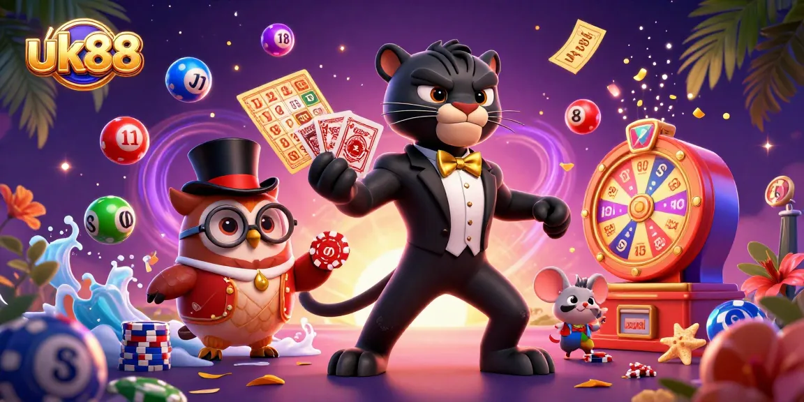 Experience the thrill of uk88 with a playful 3D scene showcasing casino fun and excitement.
