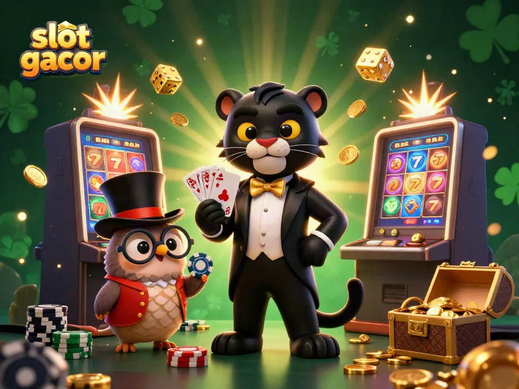 Experience the excitement of slot gacor with a stylish black panther dealing cards in a lively casino setting.