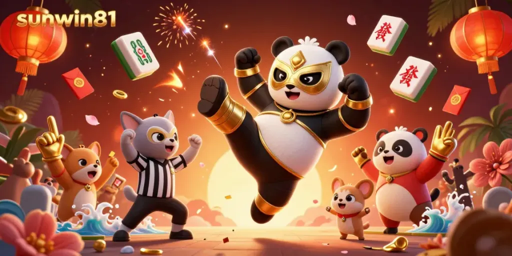 Engage in thrilling gameplay at sunwin81 with a vivid scene of a panda wrestler and lively animal spectators.