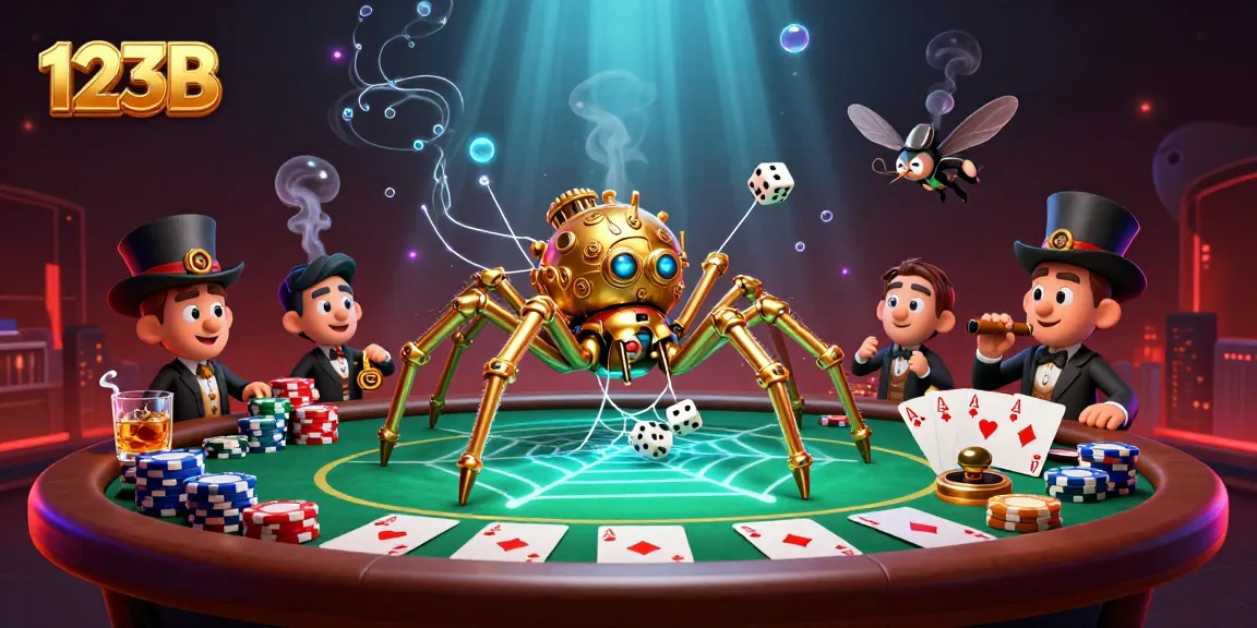 Engage with thrilling gameplay at 123B as a golden spider captures dice in its web over a vibrant poker table.